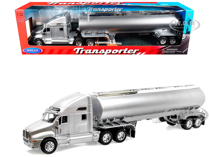 Kenworth T2000 Truck Silver Metallic with Silver Tanker Trailer Transporter Series 1/32 Diecast Model Welly 32212W-SIL
