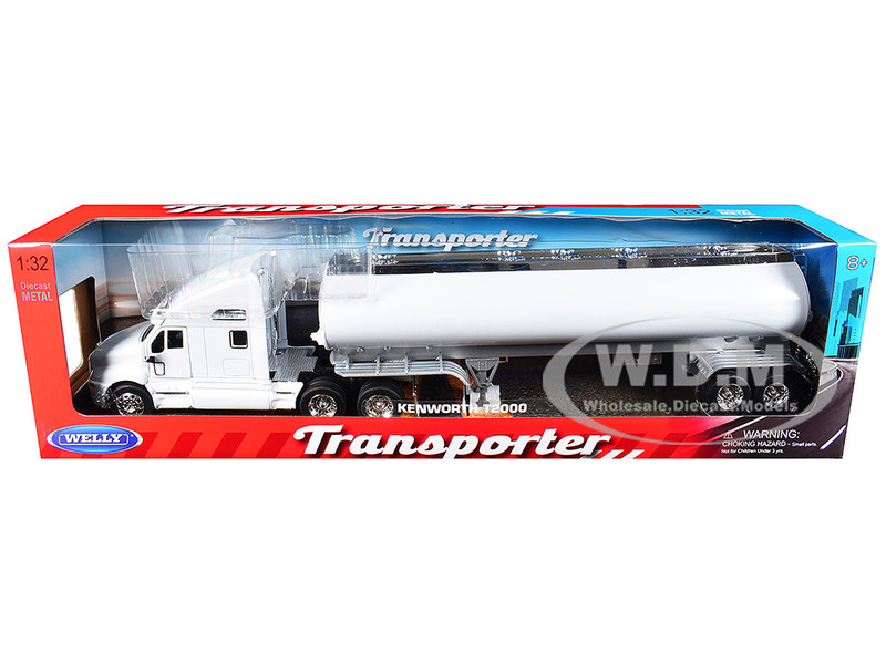 Kenworth T2000 Truck White with White Tanker Trailer Transporter Series 1/32 Diecast Model Welly 32212W-WHW