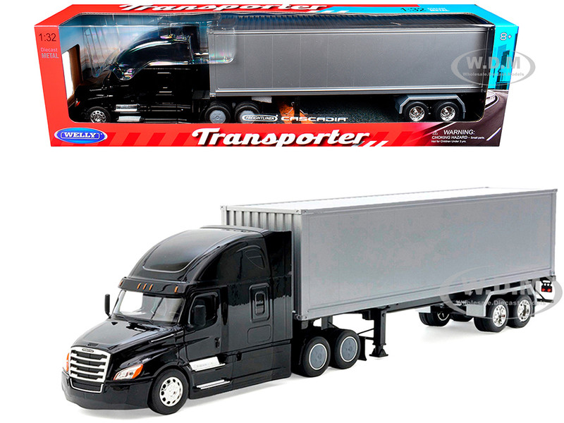 Freightliner Cascadia Truck Black with Silver Container Transporter Series 1/32 Diecast Model Welly 32696W-BKA