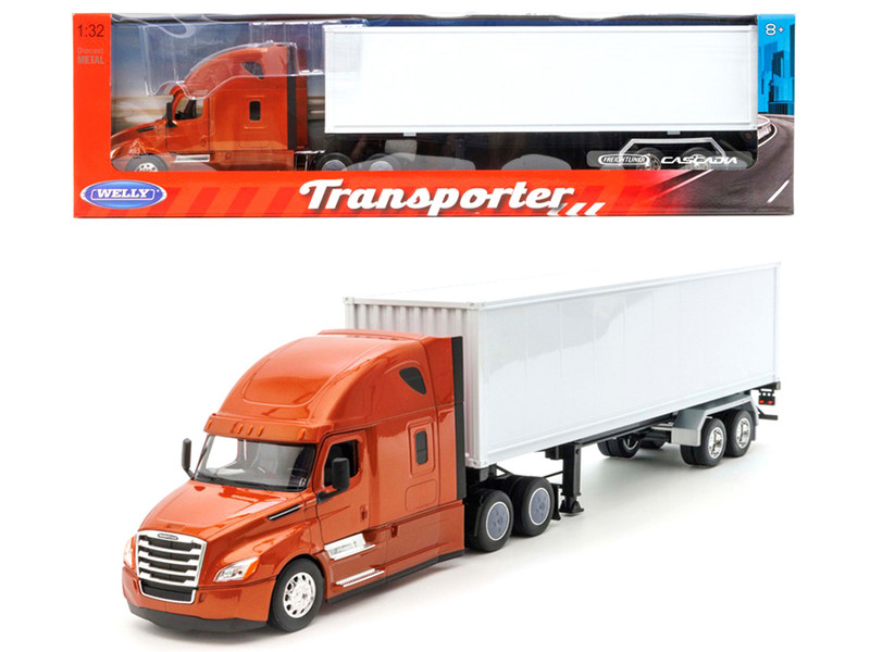 Freightliner Cascadia Truck Bronze Metallic with White Container Transporter Series 1/32 Diecast Model Welly 32696W-GLD