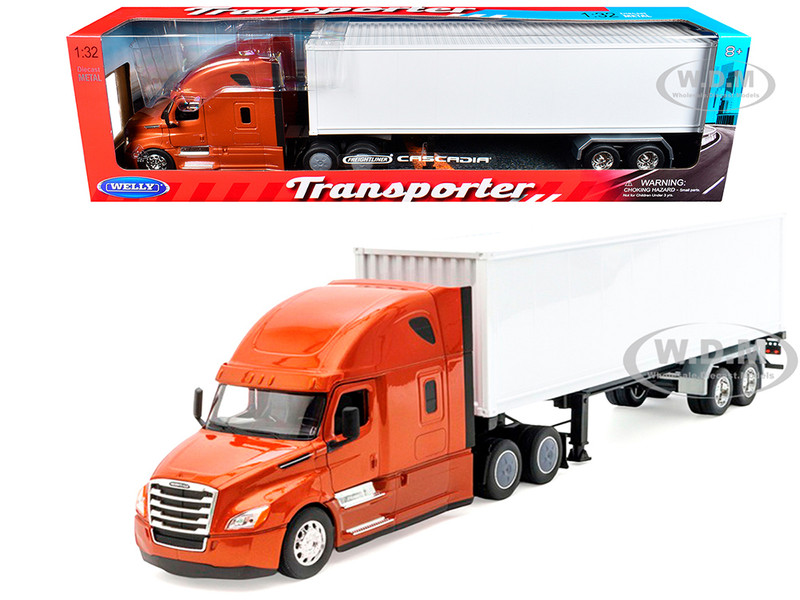 Freightliner Cascadia Truck Bronze Metallic with White Container Transporter Series 1/32 Diecast Model Welly 32696W-GLD