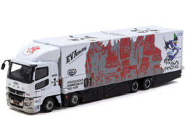 Mitsubishi Fuso Super Great Truck with Transporter EVA Racing White with Graphics Truck64 Series 1/64 Diecast Model Car Tarmac Works T64T-TL001-EVA2