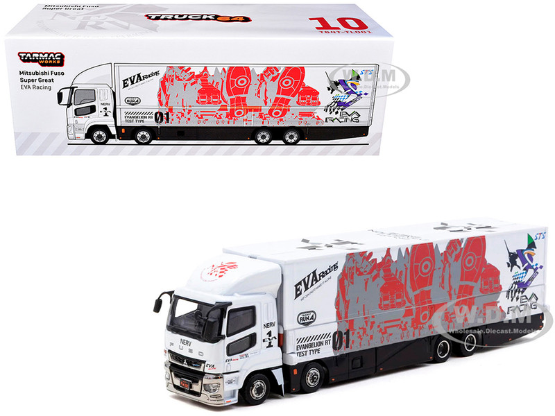 Mitsubishi Fuso Super Great Truck with Transporter EVA Racing White with Graphics Truck64 Series 1/64 Diecast Model Car Tarmac Works T64T-TL001-EVA2