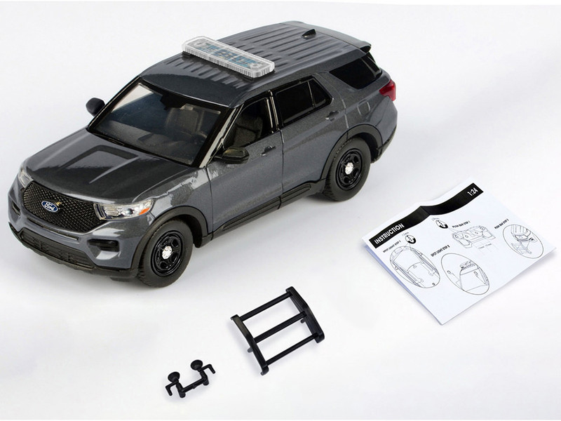 2022 Ford Police Interceptor Utility Dark Gray Metallic Builder s Kit with Flashing Light Bar and Front and Rear Lights and Sounds 1/24 Diecast Model Car Motormax 79541-BB-DGRY