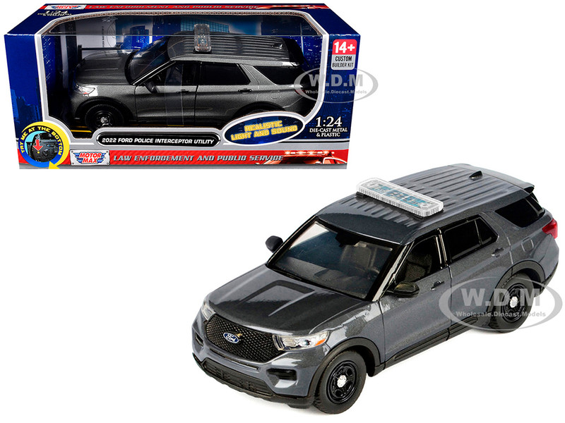 2022 Ford Police Interceptor Utility Dark Gray Metallic Builder s Kit with Flashing Light Bar and Front and Rear Lights and Sounds 1/24 Diecast Model Car Motormax 79541-BB-DGRY