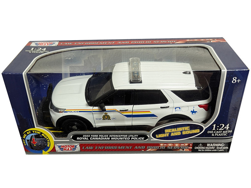 2022 Ford Police Interceptor Utility White Royal Canadian Mounted Police RCMP with Flashing Light Bar and Front and Rear Lights and Sounds 1/24 Diecast Model Car Motormax 79549W