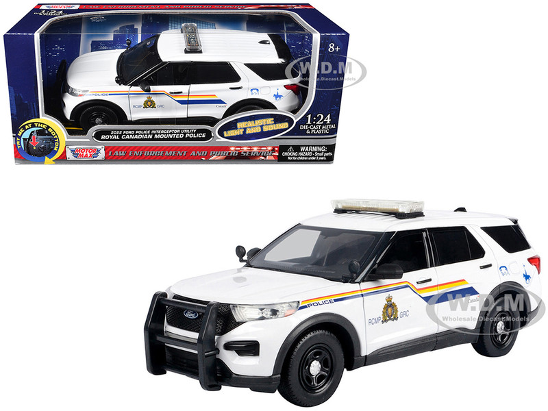 2022 Ford Police Interceptor Utility White Royal Canadian Mounted Police RCMP with Flashing Light Bar and Front and Rear Lights and Sounds 1/24 Diecast Model Car Motormax 79549W