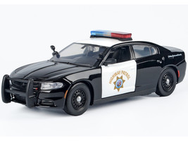 2023 Dodge Charger Pursuit Police Car California Highway Patrol CHP Black and White with Flashing Light Bar and Front and Rear Lights and Sounds 1/24 Diecast Model Car Motormax 79625