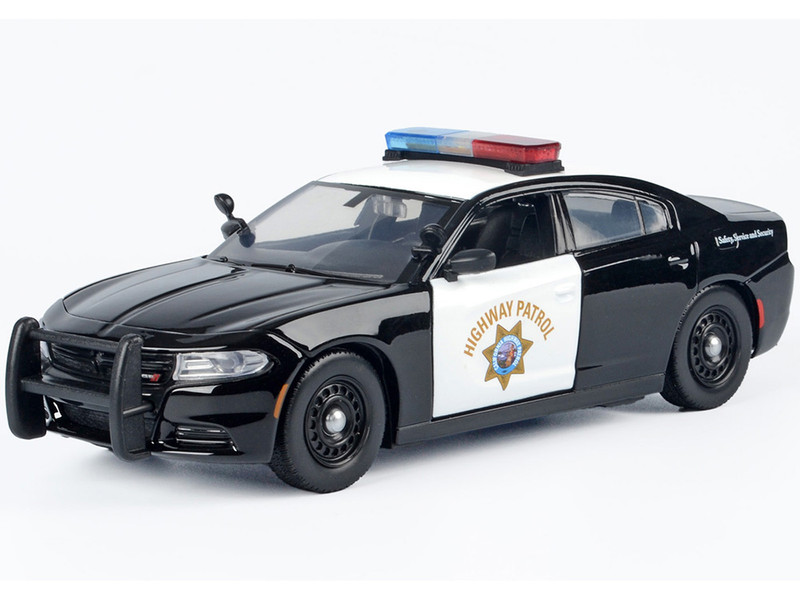 2023 Dodge Charger Pursuit Police Car California Highway Patrol CHP Black and White with Flashing Light Bar and Front and Rear Lights and Sounds 1/24 Diecast Model Car Motormax 79625
