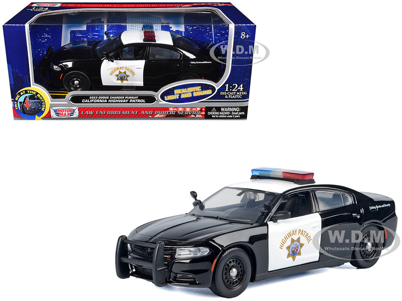 2023 Dodge Charger Pursuit Police Car California Highway Patrol CHP Black and White with Flashing Light Bar and Front and Rear Lights and Sounds 1/24 Diecast Model Car Motormax 79625