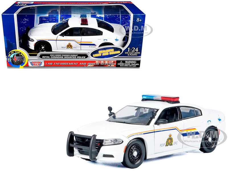 2023 Dodge Charger Pursuit Police Car Royal Canadian Mounted Police RCMP White with Flashing Light Bar and Front and Rear Lights and Sounds 1/24 Diecast Model Car Motormax 79626