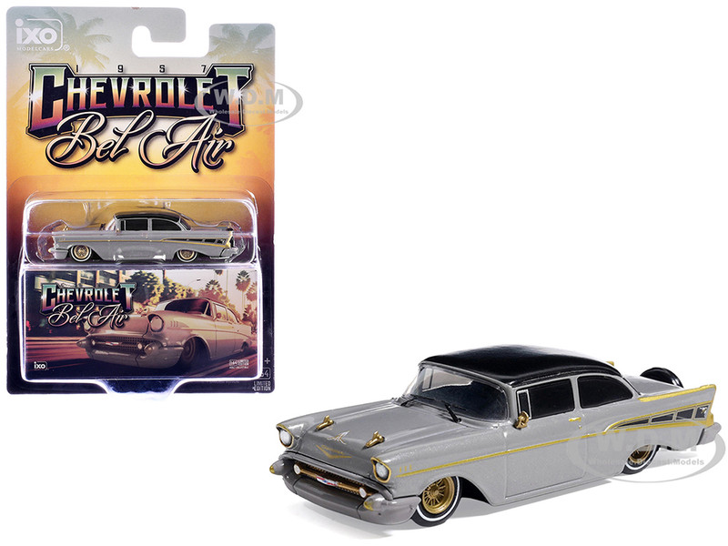 1957 Chevrolet Bel Air Lowrider Gray with Black Top and Gold Accents 1/64 Diecast Model Car IXO Models IA64014