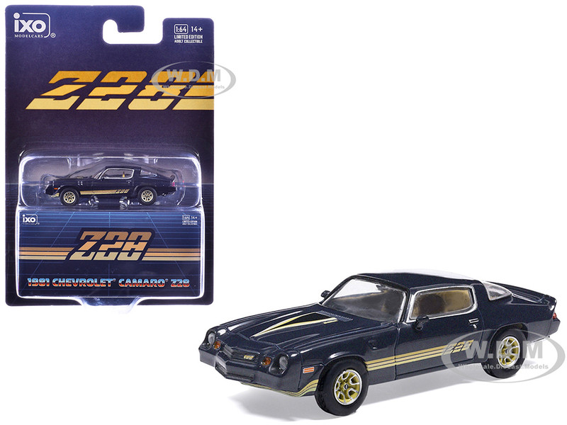 1981 Chevrolet Camaro Z28 Dark Blue Metallic with Gold Stripes and Interior 1/64 Diecast Model Car IXO Models  IA64018
