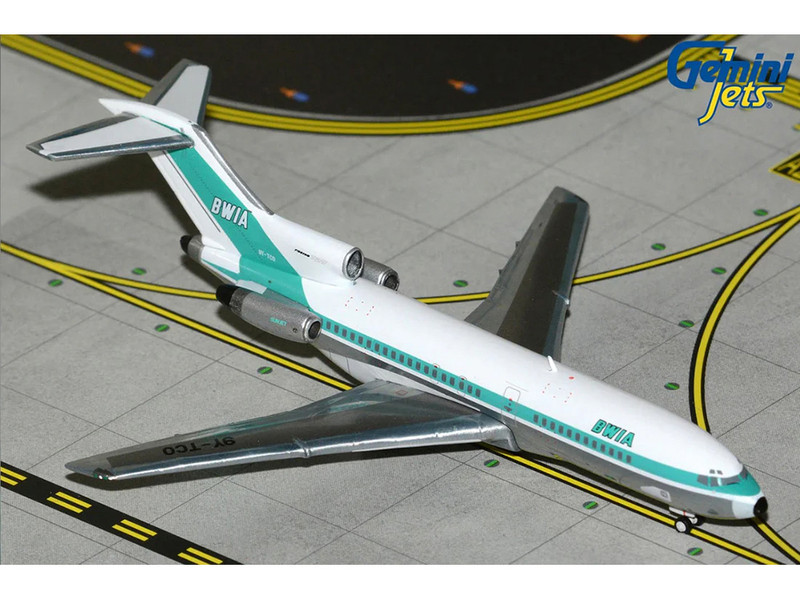 Boeing 727 100 Commercial Aircraft British West Indian Airways 9Y TCO White with Light Green Stripes 1/400 Diecast Model Airplane GeminiJets GJBWA2376