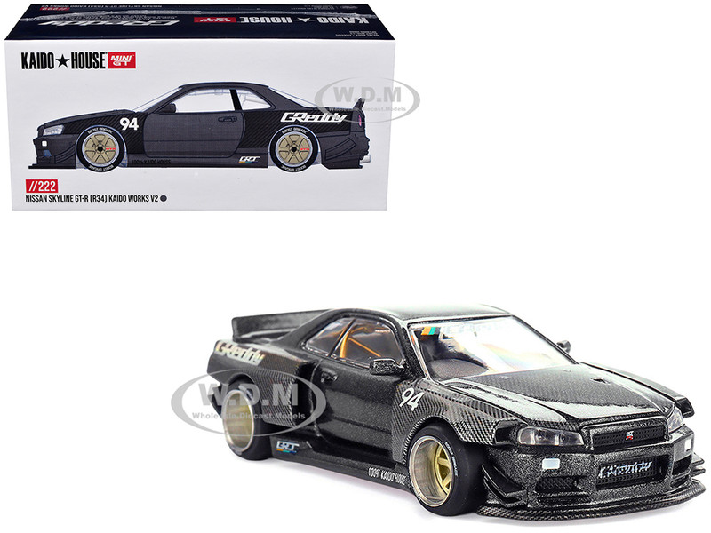 Nissan Skyline GT R R34 RHD (Right Hand Drive #94 Kaido Works GReddy V2 Carbon Fiber and Dark Gray Metallic Designed by Jun Imai Kaido House Special 1/64 Diecast Model Car Mini GT KHMG222