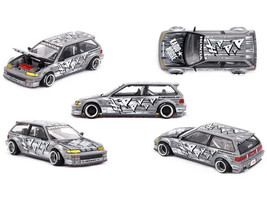 Honda Civic EF Manga V1 Gray Metallic with Graphics Designed by Jun Imai Kaido House Special 1/64 Diecast Model Car Mini GT KHMG260