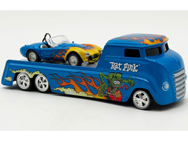 Shelby Cobra Super Snake Blue Metallic with Flames and Custom Rat Fink Hauler Blue Metallic with Flames and Graphics 1/64 Diecast Model Car ACME SC64006