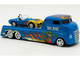Shelby Cobra Super Snake Blue Metallic with Flames and Custom Rat Fink Hauler Blue Metallic with Flames and Graphics 1/64 Diecast Model Car ACME SC64006