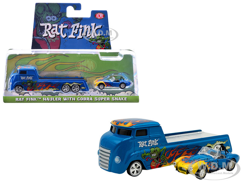 Shelby Cobra Super Snake Blue Metallic with Flames and Custom Rat Fink Hauler Blue Metallic with Flames and Graphics 1/64 Diecast Model Car ACME SC64006