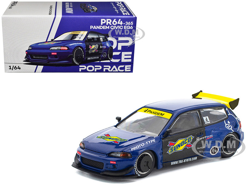 Pandem Civic EG6 RHD Right Hand Drive Sunoco Blue Metallic with Yellow Accents 1/64 Diecast Model Car Pop Race PR640365