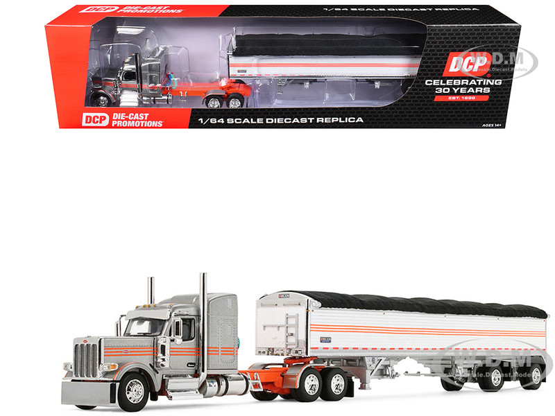 Peterbilt 589 with 58 Mid Roof Sleeper and 50 Wilson Pacesetter Grain Trailer Silver Metallic with Orange Stripes 1/64 Diecast Model DCP/First Gear 60-2173