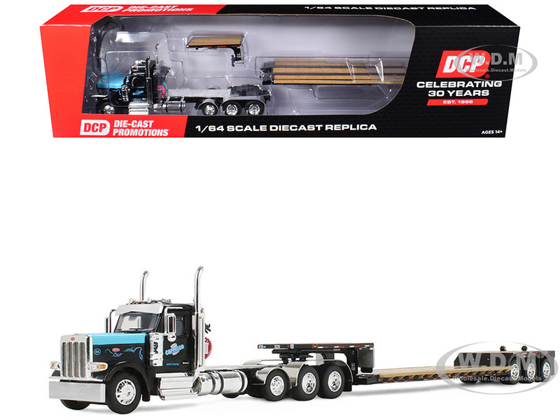 Peterbilt 589 Day Cab and Fontaine Renegade LXT40 Lowboy Trailer with Fliptail Cappello Heavy Transport Black with Light Blue Hood 1/64 Diecast Model DCP/First Gear 60-2267