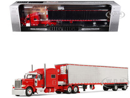 Peterbilt 589 with 58 Mid Roof Sleeper and 50 Wilson Pacesetter Grain Trailer Silver Metallic with Orange Stripes 1/64 Diecast Model DCP/First Gear 60-2173