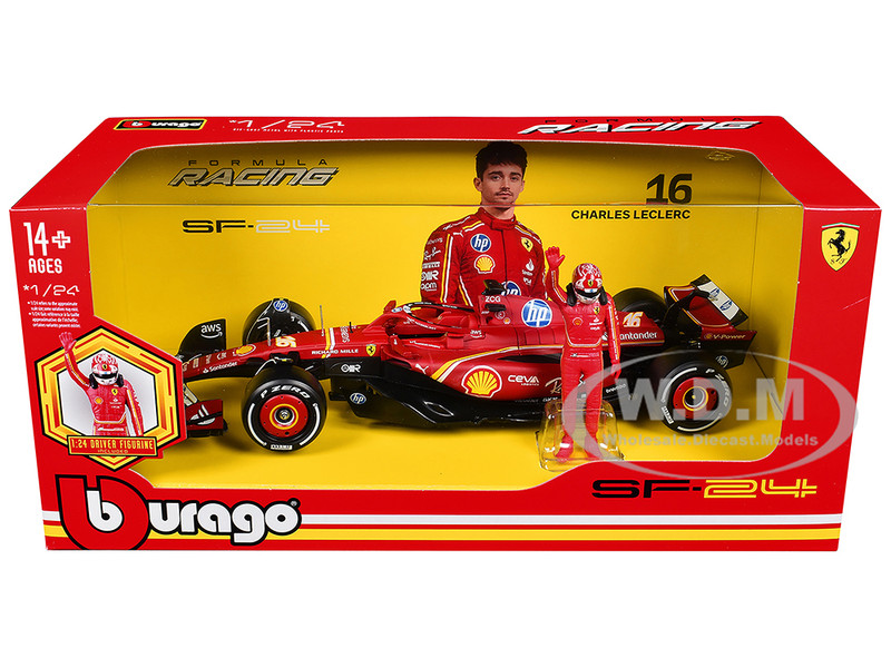Ferrari SF 24 #16 Charles Leclerc Formula One F1 World Championship 2024 with Driver Figure Formula Racing Series 1/24 Diecast Model Car Bburago 26823CL
