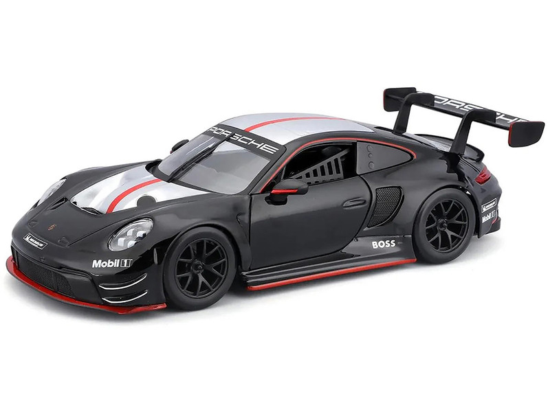 Porsche 911 GT3 R Black with Silver Hood and Top and Red Stripe Race Series 1/24 Diecast Model Car Bburago 28048BK