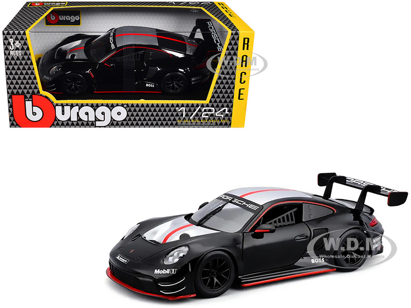Porsche 911 GT3 R Black with Silver Hood and Top and Red Stripe Race Series 1/24 Diecast Model Car Bburago 28048BK