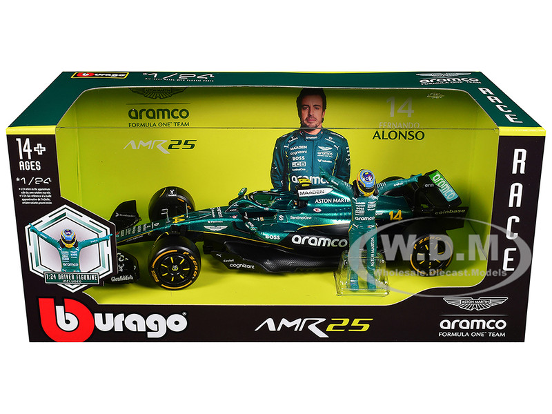 Aston Martin AMR25 #14 Fernando Alonso Aramco Formula One F1 World Championship 2025 with Driver Figure 1/24 Diecast Model Car Bburago 28071FA