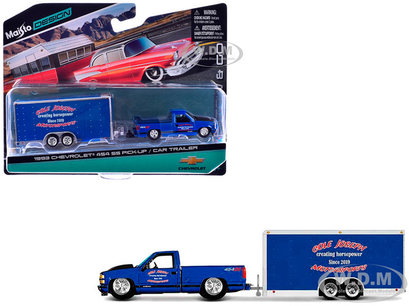 1993 Chevrolet 454 SS Pickup Truck Blue Metallic with Black Hood and Car Trailer Blue Metallic Cole Joseph Motorsports Tow & Go Series 1/64 Diecast Model Car Maisto 15368-25A