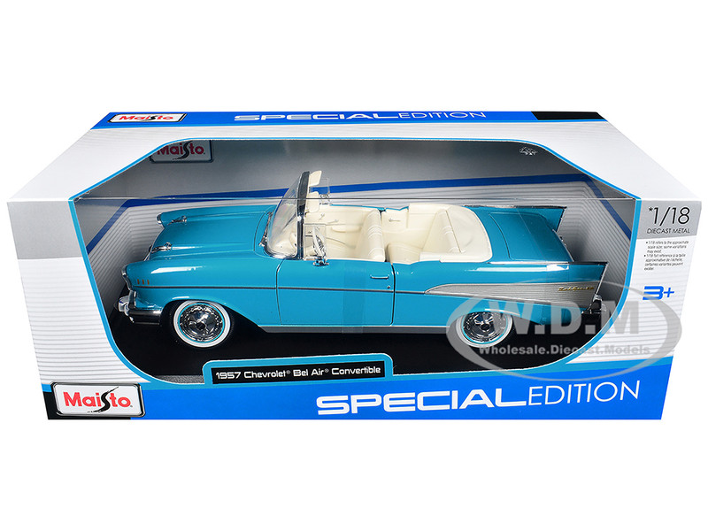 1957 Chevrolet Bel Air Convertible Blue with White Interior Special Edition Series 1/18 Diecast Model Car Maisto 31476BL