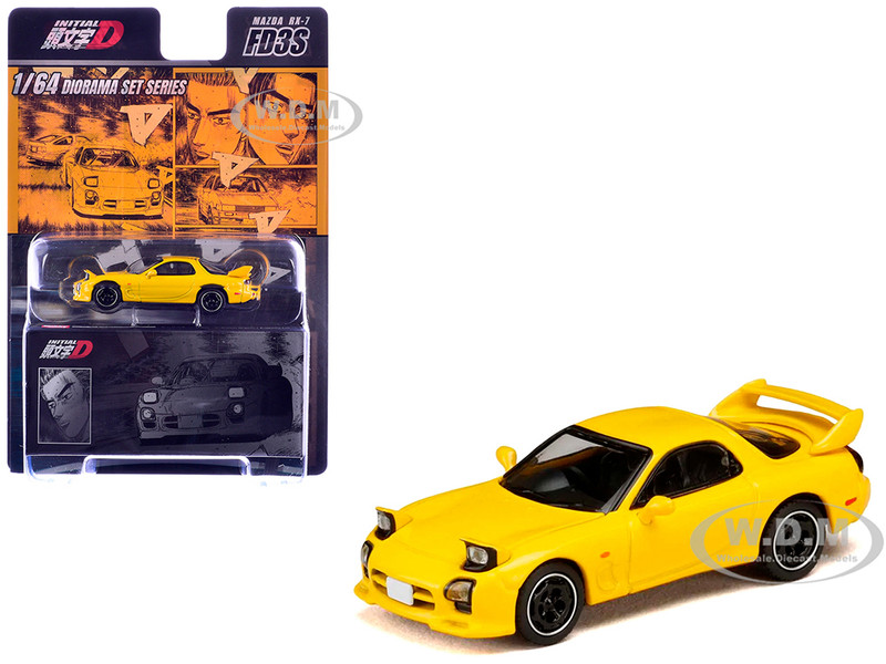 Mazda RX 7 FD3S RHD Right Hand Drive Yellow Initial D 1995 2013 Manga Diorama Set Series 1/64 Diecast Model Car Hobby Japan HJDMD002B