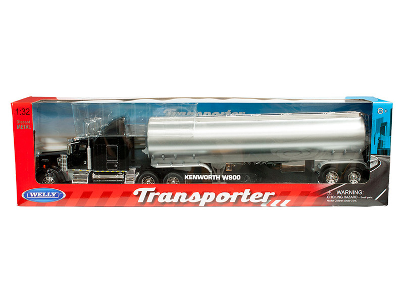 Kenworth W900 Truck Black with Silver Tanker Trailer Transporter Series 1/32 Diecast Model Welly 32662W-BK