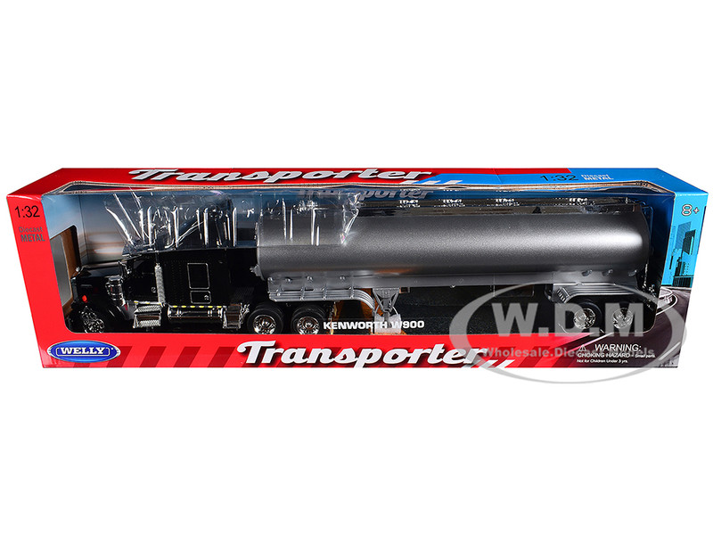 Kenworth W900 Truck Black with Silver Tanker Trailer Transporter Series 1/32 Diecast Model Welly 32662W-BK