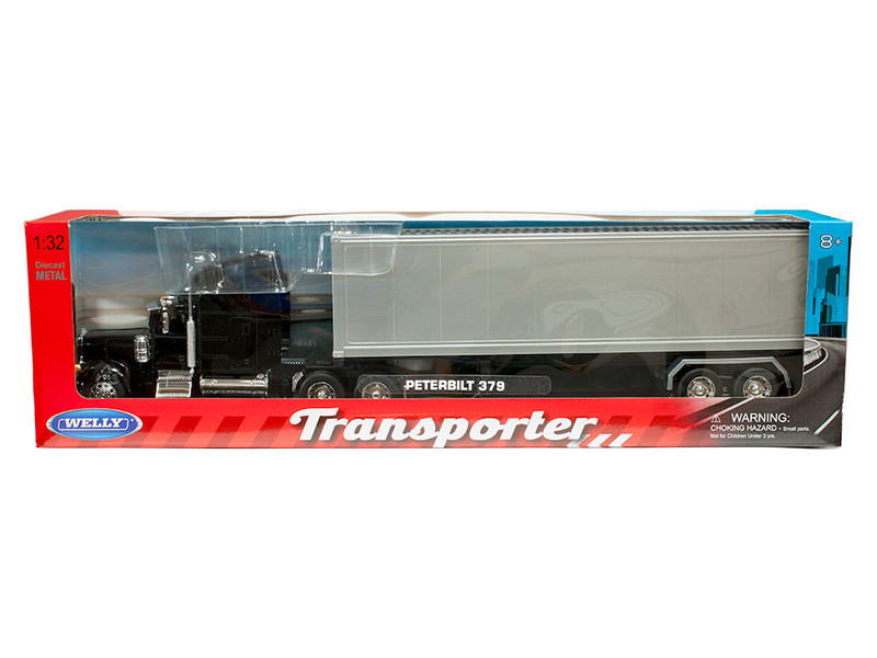 Peterbilt 379 Truck Black with Silver Container Transporter Series 1/32 Diecast Model Welly 39941W-BK