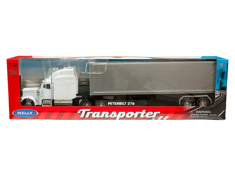 Peterbilt 379 Truck White with Silver Container Transporter Series 1/32 Diecast Model Welly 39941W-WH