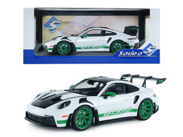 2024 Porsche 911 GT3 RS Tribute to Carrera RS Package White with Carbon Hood Stripes and Top and Green Side Stripes and Wheels 1/18 Diecast Model Car Solido S1812107