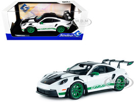 2024 Porsche 911 GT3 RS Tribute to Carrera RS Package White with Carbon Hood Stripes and Top and Green Side Stripes and Wheels 1/18 Diecast Model Car Solido S1812107