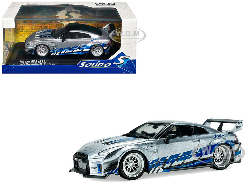 2020 Nissan GT R R35 Liberty Walk Silhouette RHD Right Hand Drive Silver Metallic with Black Top and Blue Graphics 1/43 Diecast Model Car Solido S4311211