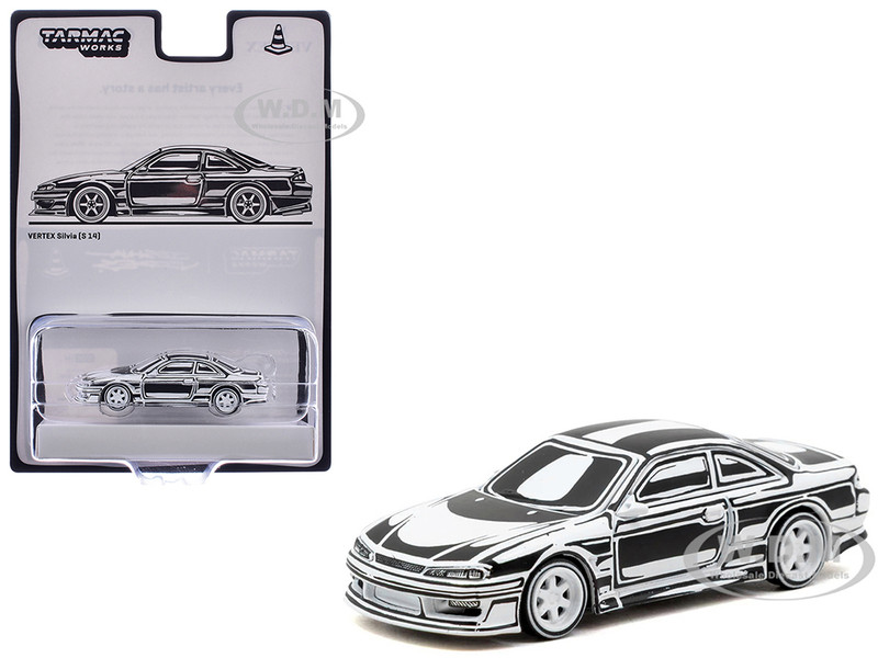 VERTEX Silvia S14 Designed by Joshua Vides Black and White Global64 Series 1/64 Diecast Model Car Tarmac Works T64G-018-JV