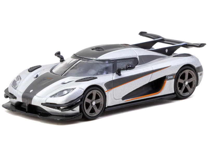 Koenigsegg One 1 Silver Metallic with Black Stripes Global64 Series 1/64 Diecast Model Tarmac Works T64G-TL054-SL