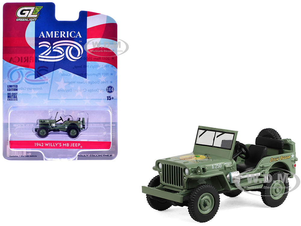 1942 Willys MB Jeep Olive Green "America 250 Edition" "Anniversary Collection" Series 18 1/64 Diecast Model Car by Greenlight