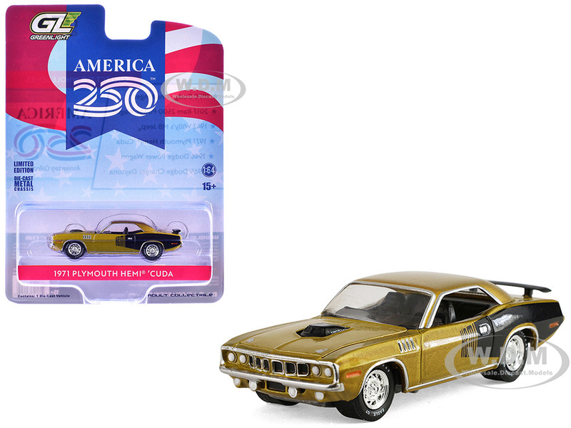 1971 Plymouth Hemi Cuda Gold Metallic with Black Accents America 250 Edition Anniversary Collection Series 18 1/64 Diecast Model Car Greenlight 28180D