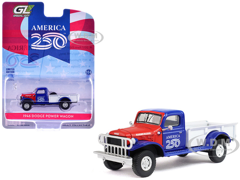 1946 Dodge Power Wagon Pickup Truck Red White and Blue America 250 Edition Anniversary Collection Series 18 1/64 Diecast Model Car Greenlight 28180E