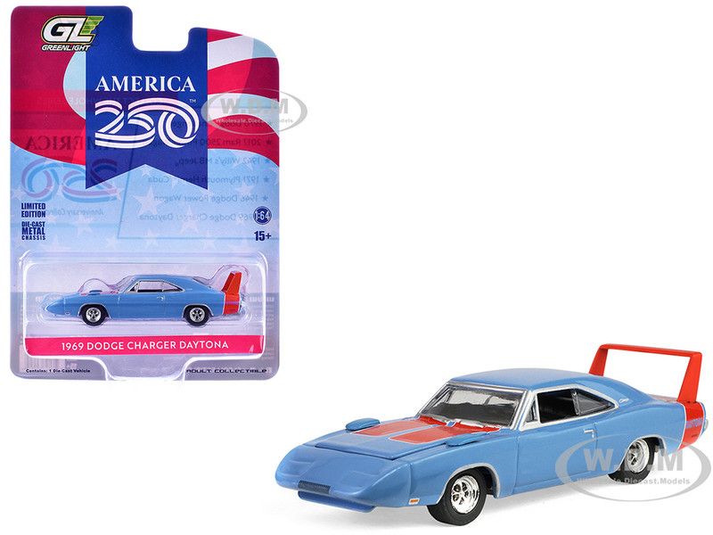 1969 Dodge Charger Daytona Blue with Red Stripes America 250 Edition Anniversary Collection Series 18 1/64 Diecast Model Car Greenlight 28180F