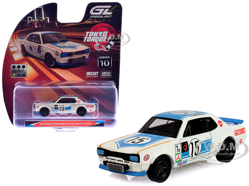 1972 Nissan Skyline 2000 GT R KPGC10 RHD Right Hand Drive #15 Kunimitsu Takahashi 50th Victory White with Blue Stripe Tokyo Torque Series 10 1/64 Diecast Model Car Greenlight 235110B