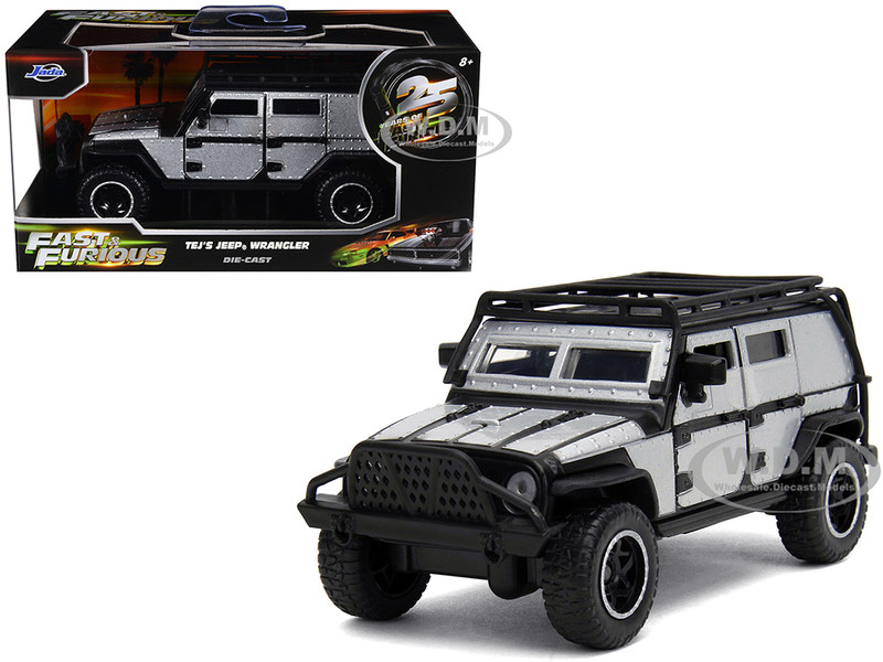 Tej s Jeep Wrangler Custom Silver Metallic with Black Top and Roof Rack Furious 7 2015 Movie 25 Years of Fast & Furious Series 1/32 Diecast Model Car Jada 34444-25TH