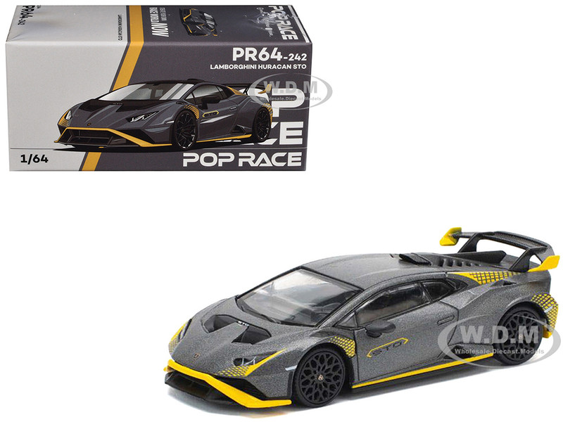 Lamborghini Huracan STO Matt Gray Metallic with Yellow Accents 1/64 Diecast Model Car Pop Race PR640242